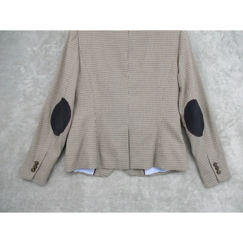 British Khaki Blazer Womens Medium Houndstooth Elbow Patch Academia Preppy Lined - Picture 8 of 10